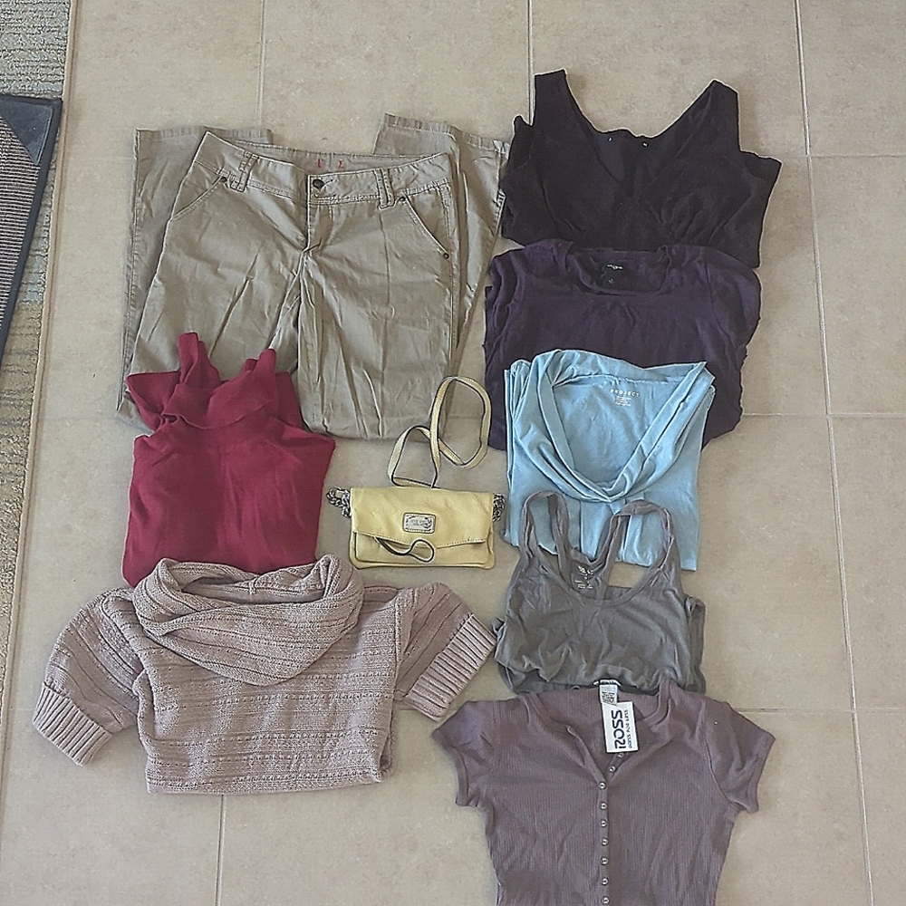 Bulk items. 1 pair long pants, t shirts, sweaters and cross body bag